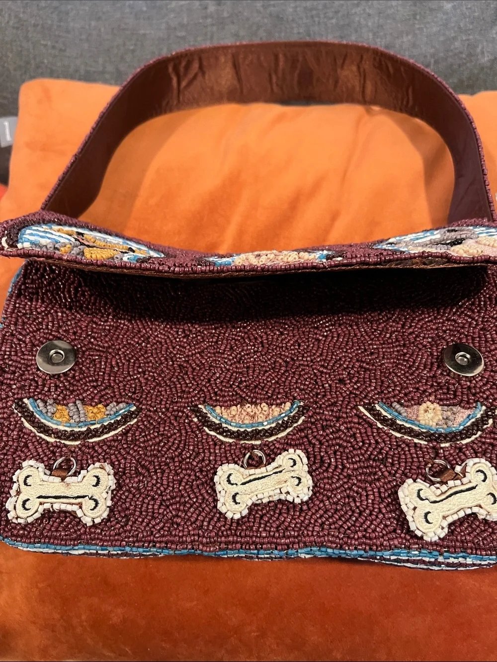 Hand-Beaded Burgundy Dog Portrait Shoulder Bag